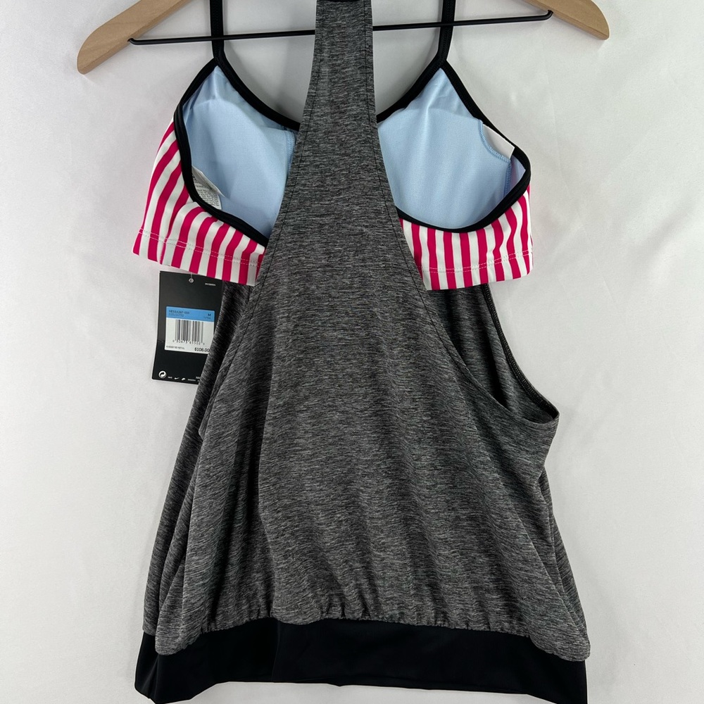 NIKE WOMENS FIREBERRY LAYERED STRIPED PADDED TANKINI TOP SZ MEDIUM - Picture 2 of 6